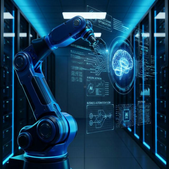 Brazo robótico interactuando con interfaces holográficas de automatización empresarial